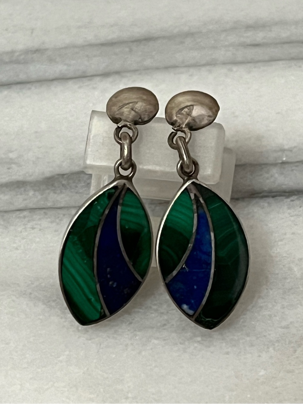 Lapis Lazuli & Malachite Drop Dangle Earrings 950 Silver